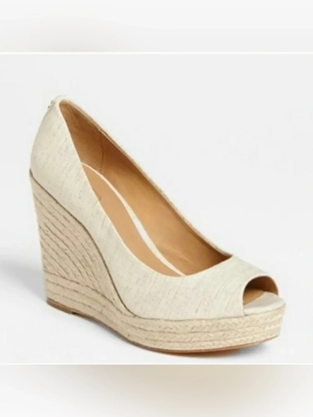 Coach Milan Espadrille Wedge Peep Toe Pumps Natural Linen Canvas Size 7.5B